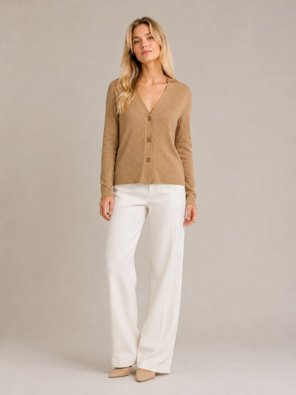 TAHARI Ribbed V-Neck Cardigan Latte Medium #A4232